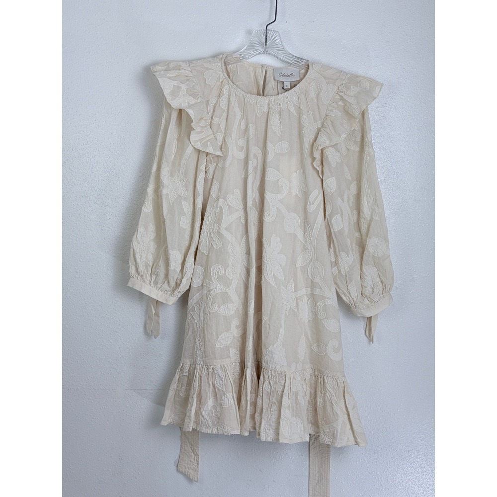 NWT Cleobella Alana Mini Dress Cream Embroidered Organic Cotton Ruffle S